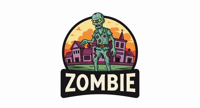Spooky zombie walks in a deserted town at sunset