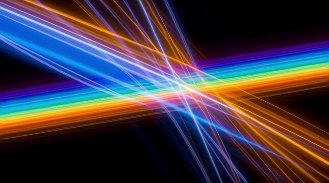 Light trails, abstract and colorful background with dynamic energy flowing across intersection point for futuristic technology, digital art and modern design concept. Motion graphics, vibrant colors