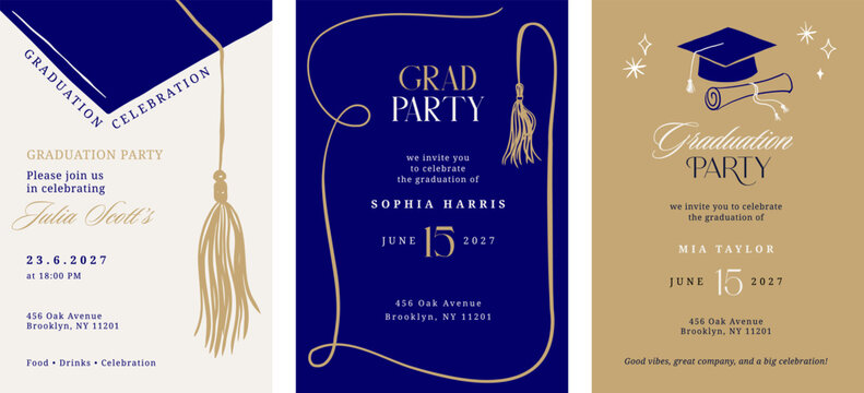 Class of 2026 elegant blue and gold graduation party celebration vertical invitations 