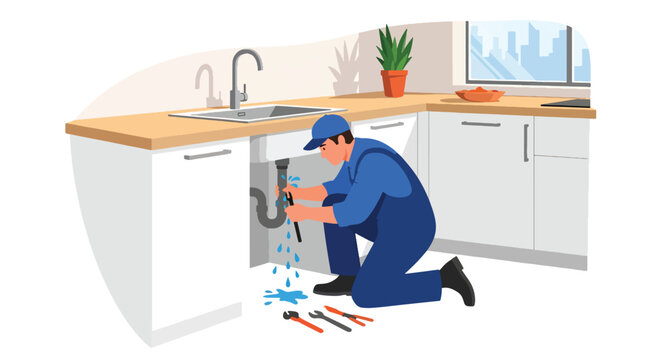plumber fixing leaking pipe under kitchen sink in modern home interior, plumbing repair and maintenance service concept in clean minimal vector style
