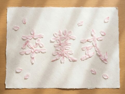 白い和紙の上に桜の花びらで形作られた「卒業式」の文字