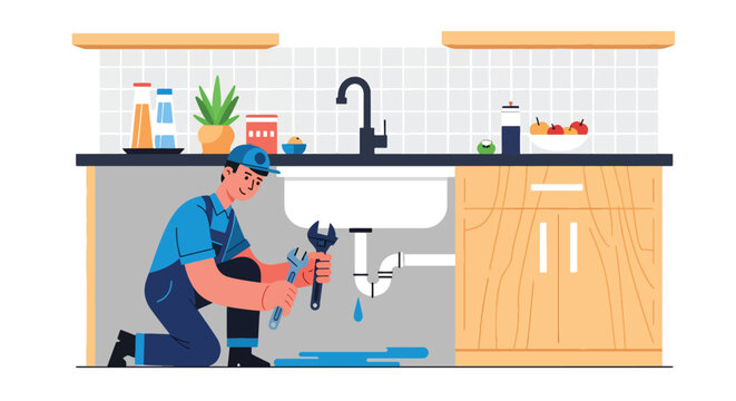plumber fixing leaking pipe under kitchen sink in modern home interior, plumbing repair and maintenance service concept in clean minimal vector style