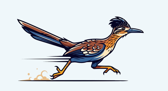 Stylized roadrunner bird running swiftly with dust clouds