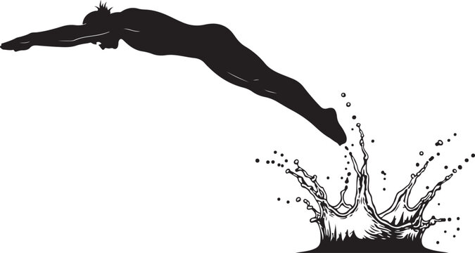 Diving, swimming, diver silhouette, water splash, black vector graphics