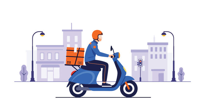delivery courier riding electric bike carrying package in urban street, eco friendly last mile delivery and e-commerce logistics concept in modern vector style