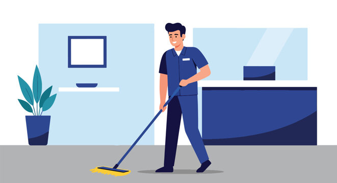 Flat style vector illustration of janitor cleaning office floor with mop in corporate building interior, workplace hygiene and maintenance service concept in modern style