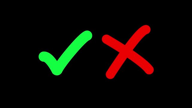 Green check mark and red cross mark animation with checklist signs and approval badges on transparent 4K background
