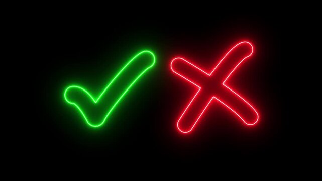 Minimal neon Check Mark and Cross Icon in Circle on Black Background.Tick or check mark and cross mark signs neon icon animation.right and wrong neon icons