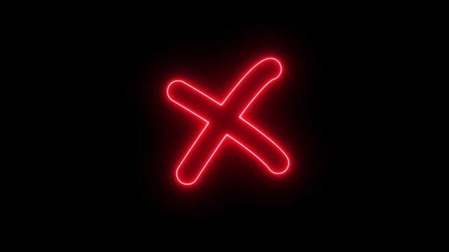 Animated neon letter X on a black background.4K on black background. Glowing check mark and wrong buttons neon icon, cross X symbol icon