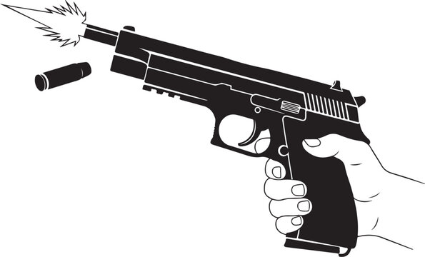 Hand holding pistol, firing gun, bullet flying out, black and white vector illustration, firearm, weapon, handgun