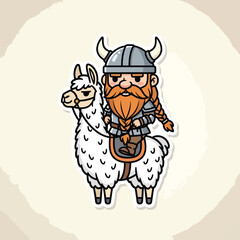 Naklejka premium A cartoon-style illustration shows a Viking riding a llama. The Viking has a red beard, a helmet with horns, and armor. The llama is white and furry