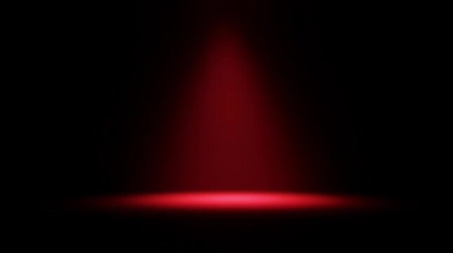 Stage lighting, spotlight and dramatic effect with empty dark stage illuminated by red beam for performance, concert or event showcasing a single point of focus. Production, illumination and