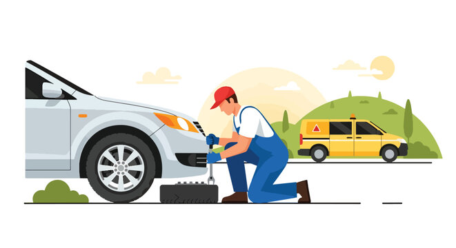 Flat style vector illustration of auto mechanic changing car tire in garage service station, roadside assistance and vehicle maintenance concept in clean modern vector style
