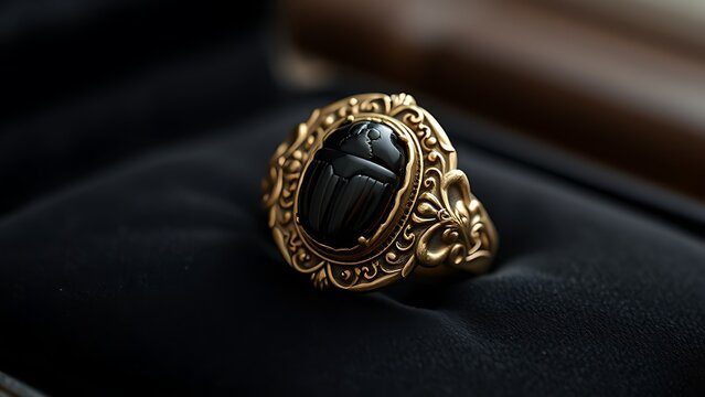 khepri. Ornate scarab beetle gemstone seal ring on black velvet with detailed carving. wildlife magazines, conservation campaigns, designed for eco-tourism storytelling, used by recruiters.