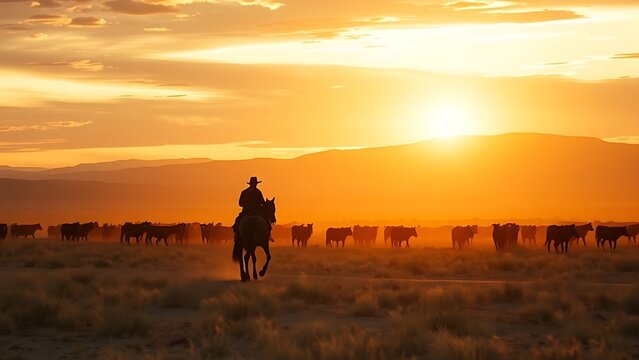 unanimity. A lone rider herds cattle across a vast desert ranch at dusk. wildlife magazines, conservation campaigns, designed for nature documentaries and education, celebrates biodiversity.