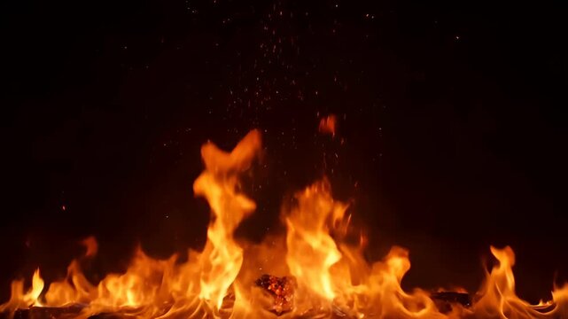 Flame fire on black background with rising spark, glowing ember, dramatic hot burn, orange heat smoke, combustion blaze glow, inferno, danger, ash and black dark backdrop
