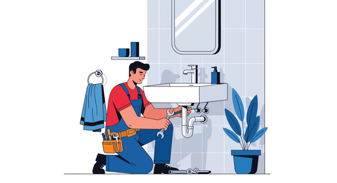 Flat style vector illustration of plumber installing bathroom sink in modern residential interior, plumbing installation and home maintenance service concept in clean minimal style