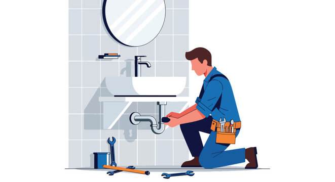 Flat style vector illustration of plumber installing bathroom sink in modern residential interior, plumbing installation and home maintenance service concept in clean minimal style