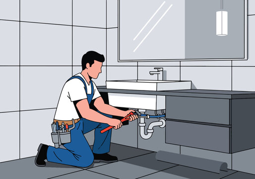 Flat style vector illustration of plumber installing bathroom sink in modern residential interior, plumbing installation and home maintenance service concept in clean minimal style