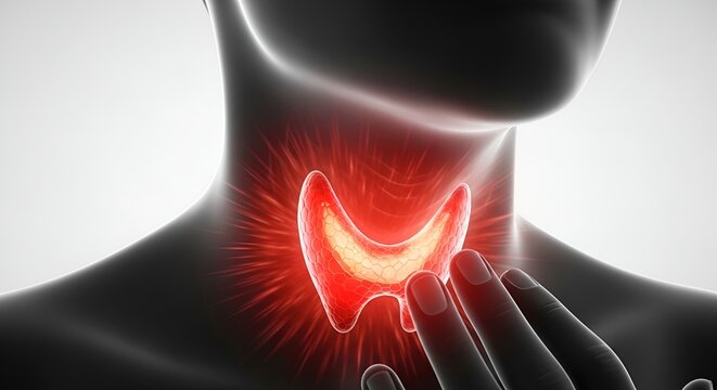 Human Thyroid Gland Illustration with Red Glow Indicating Pain or Inflammation.