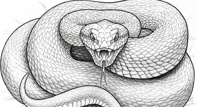 Detailed Black and White Illustration of Coiled Snake with Open Mouth and Tongue
