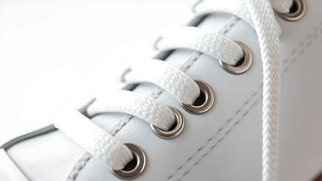 aglet. Close-up of a metal aglet on a new white shoelace. product launch decks, UI/UX mockups, designed for data visualization dashboards and holographic UIs, used by motion designers.
