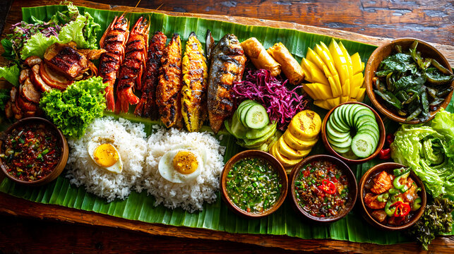Filipino Boodle Fight Feast on Banana
Leaf Seafood Rice Communal Dining Top View
