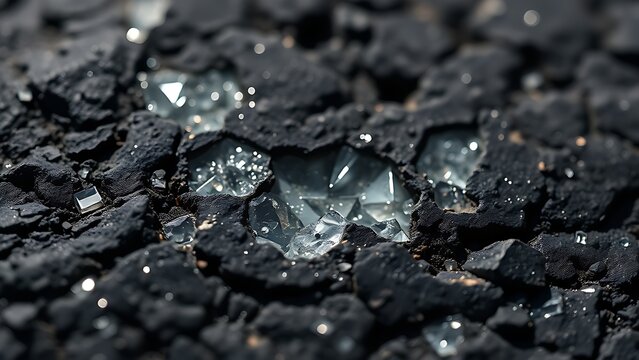 pegmatite. Close-up of dark pegmatite rock with embedded sparkling minerals. STEM education sheets, lab safety posters, designed for biotech research communications, supports STEM education.