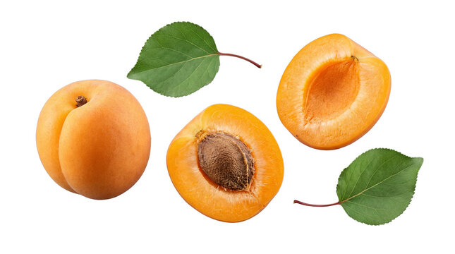 Apricots, whole and halved, with juicy pulp, natural stone, and green leaves, isolated on transparent background.