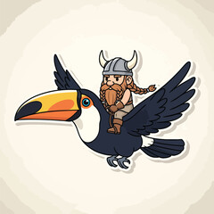 Naklejka premium A cartoon-style illustration of a toucan carrying a dwarf wearing a Viking helmet. The bird has a large beak, and the dwarf has a braided beard. The background is simple
