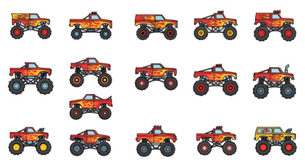 Collection of colorful monster trucks with flame graphics, various designs and colors © Roni