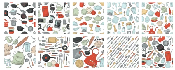 Seamless patterns kitchen stuff set cooking essentials featuring vintage appliances and utensils for food branding packaging design projects. © EvgeniiasArt