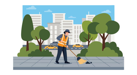 Flat style vector illustration of street cleaner sweeping sidewalk in urban city environment, public maintenance and sanitation service concept in clean minimal style © Amie