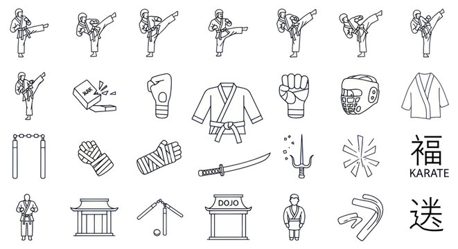 Martial Arts Icons: Karate, Kung Fu, Aikido, Ninjutsu, Taekwondo Symbols