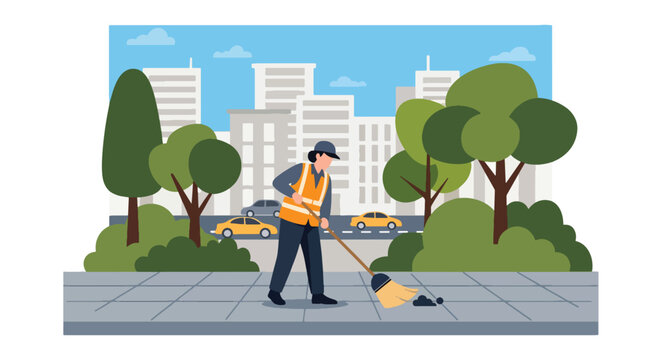 Flat style vector illustration of street cleaner sweeping sidewalk in urban city environment, public maintenance and sanitation service concept in clean minimal style