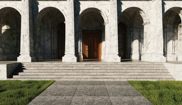 Classic marble building entrance with archways and stone steps