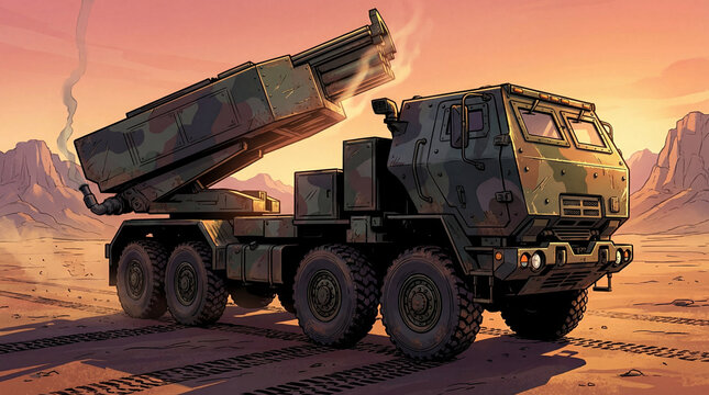 Detailed illustration of a powerful HIMARS rocket launcher military vehicle in a vast desert landscape at sunset