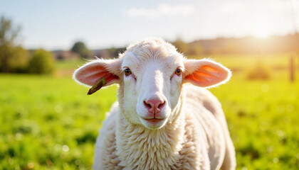 Obraz premium Curious sheep grazing on green fields under sunny skies, rural life