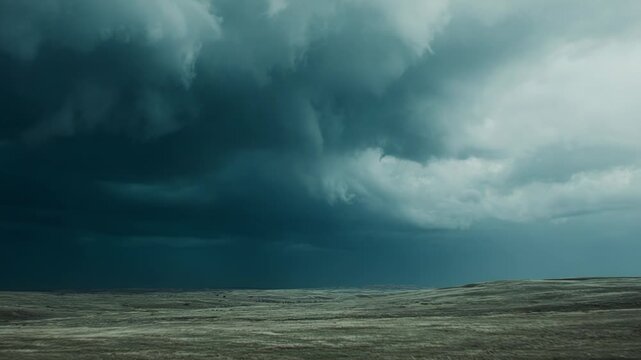 Dark storm clouds roll over a vast dry grassland, dramatic and ominous on the horizon, evoking power, impending change, desolation and raw natural force
