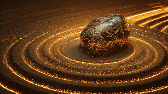 Close-up of a Cyber Zen Garden with glowing orange neon sand ripples and a metallic rock featuring etched geometric circuit patterns.