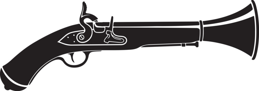 Vintage flintlock pistol, antique firearm, black and white illustration, historical weapon, vector graphic