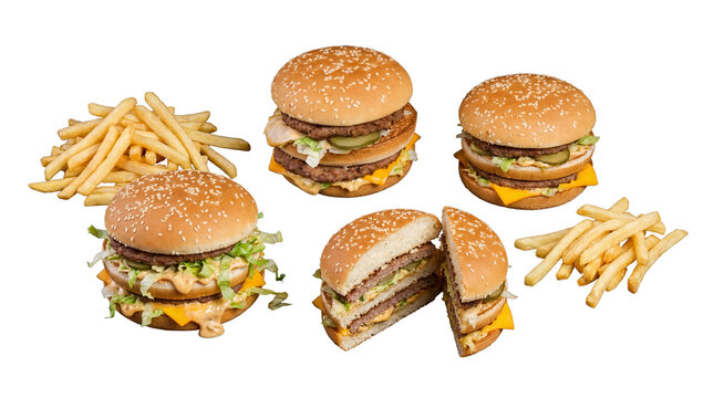 Multiple big mac style hamburgers with fries, showcasing fast food, isolated on a transparent background.