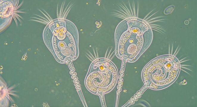 Microscopic view of single-celled microorganisms with flagella