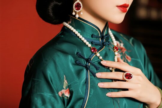 Woman in traditional green qipao with pearl necklace and red gem jewelry