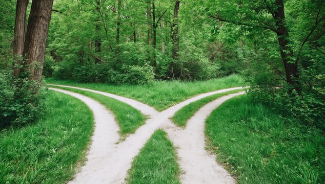 Fork in the road with two different paths leads into a vibrant green forest