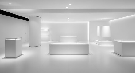 Fototapeta premium A pristine, modern, all-white minimalist interior space with various display pedestals and subtle lighting, resembling an art gallery or showroom.