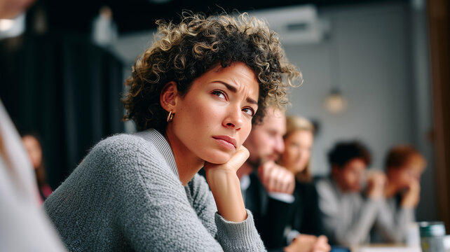 Frustrated young woman with curly hair resting chin on hand during business meeting. Tense skeptical expression while listening to colleague. Diverse team visible in blurred office background.