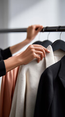 Obraz premium Stylist hands carefully touching premium cream knitwear on black rack alongside pink and dark garments. New collection preparation, elegant fabric texture, studio light, fashion retail atmosphere.