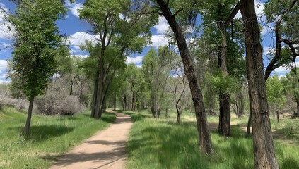 Fototapeta premium Pathway through a tranquil forest with lush greenery on a sunny day 