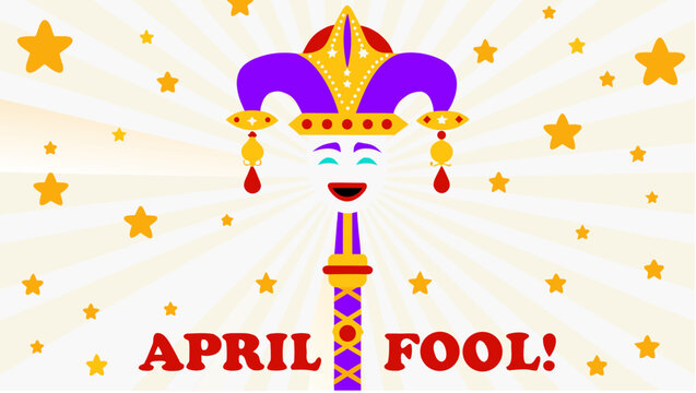Multi faced jester's staff with jester hat and april fool text on starry background for prank and joke concepts